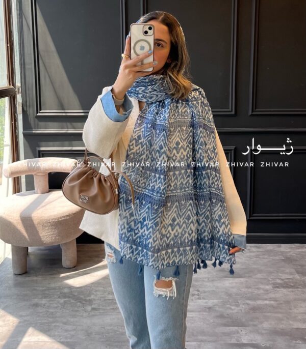 شال آبی نخ پنبه لطیف 12562 - Image 4