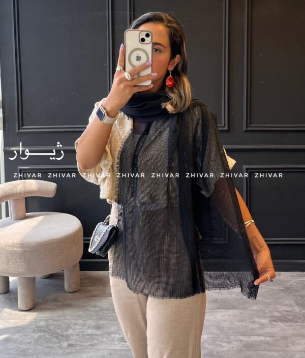 شال مشکی نخی حصیری ریش دار 12599 - Image 2
